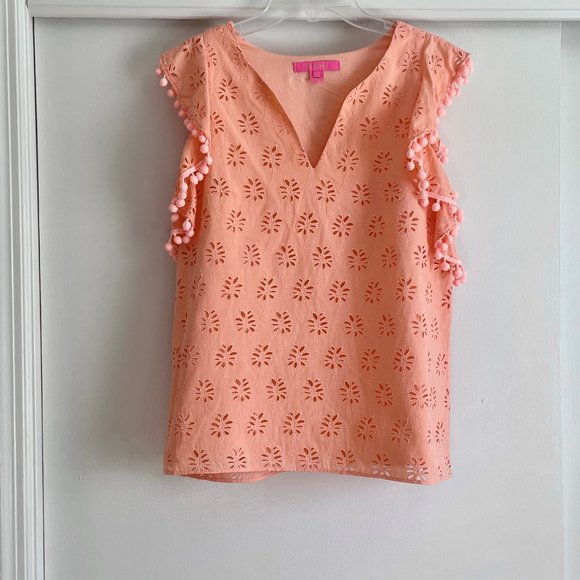 Lilly Pulitzer Astara Top Peach Palm Tree Eyelet Pom Pom Sleeve V Neck Blouse S - Picture 12 of 12